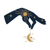 Alt="Main étoilée avec un soleil sur le poignet qui tient une lune entre son pouce et son index pour pictogramme de la valeur personnalisation""