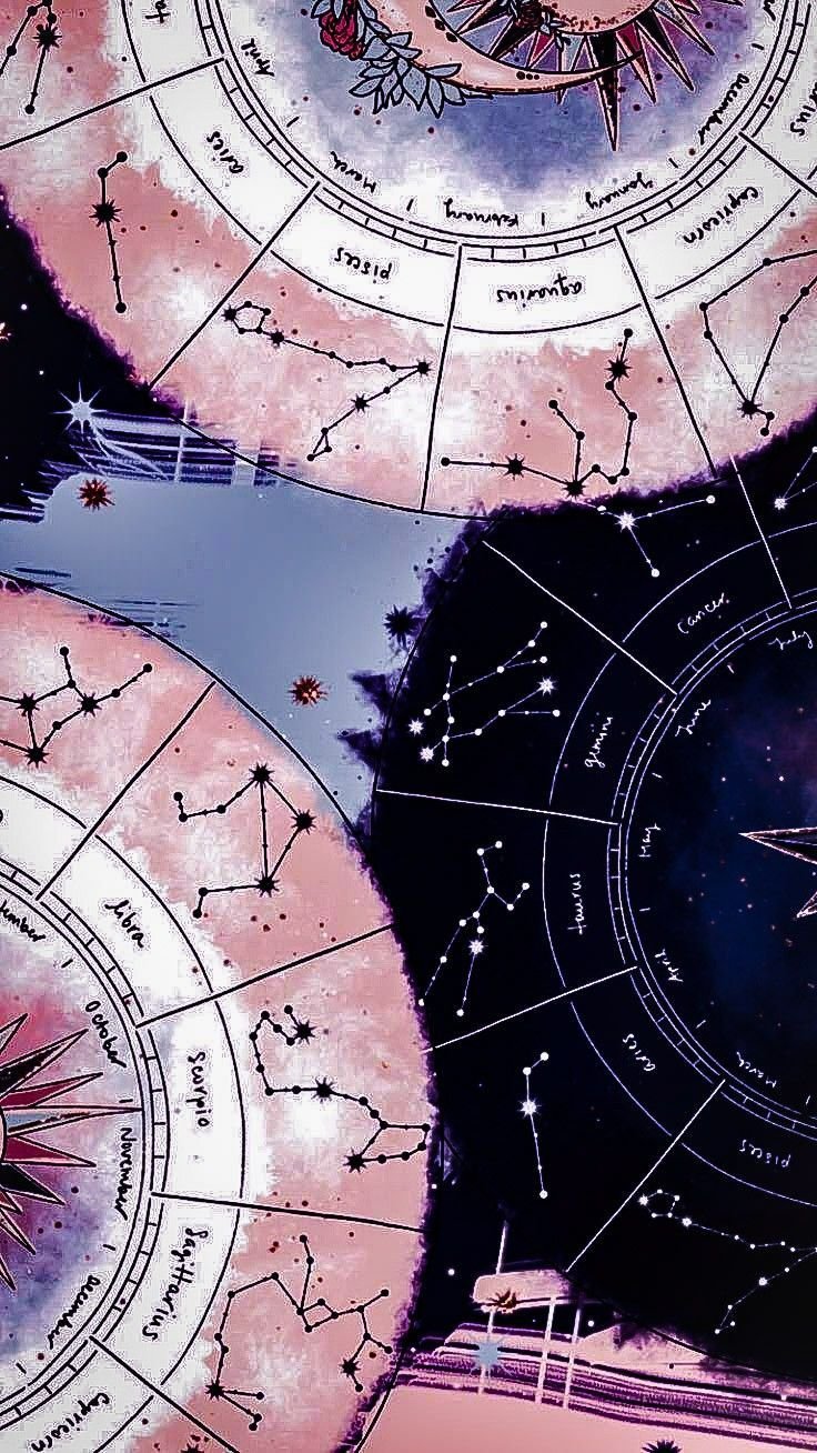 Deux roues du zodiaque dessinées à la main, constellations et mois de l’année en vis-à-vis