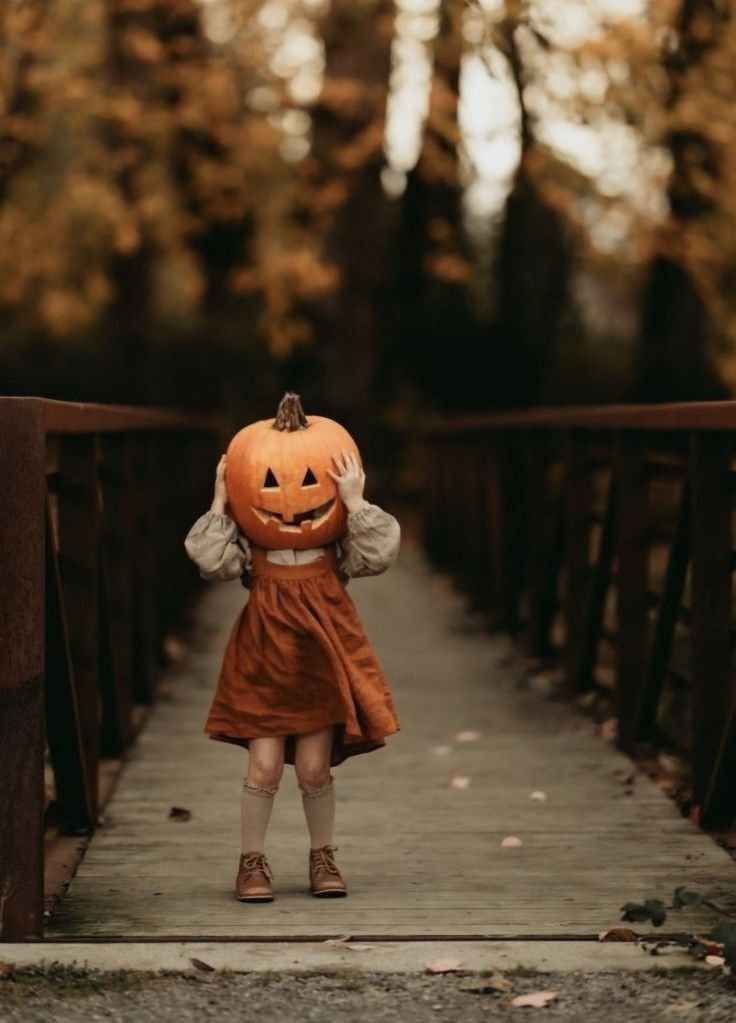 Enfant sur un pont en automne, le visage caché derrière une citrouille sculptée