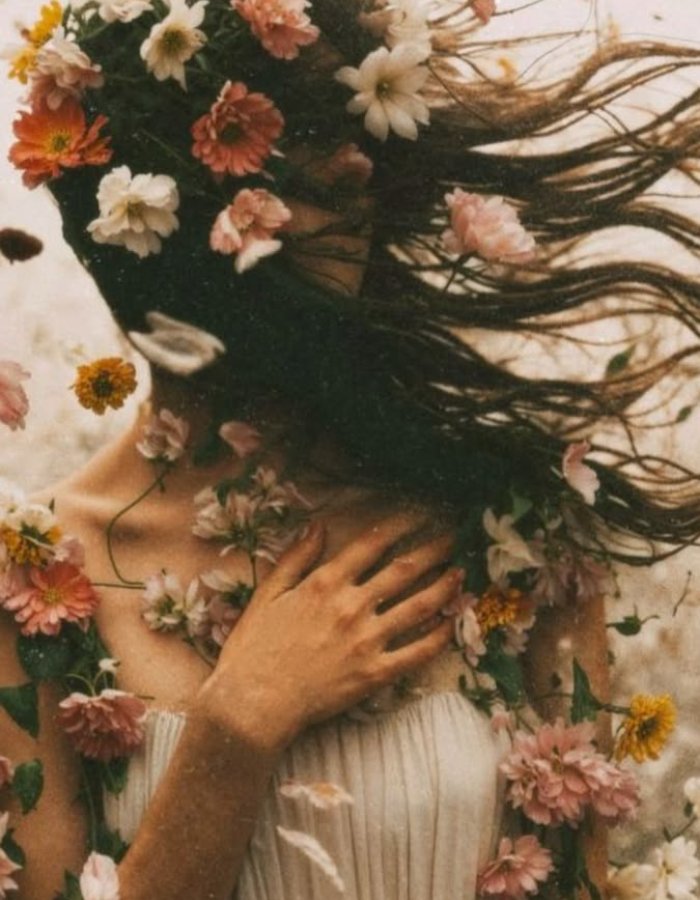 Femme visage caché par ses cheveux dans le vent recouvertes de fleurs